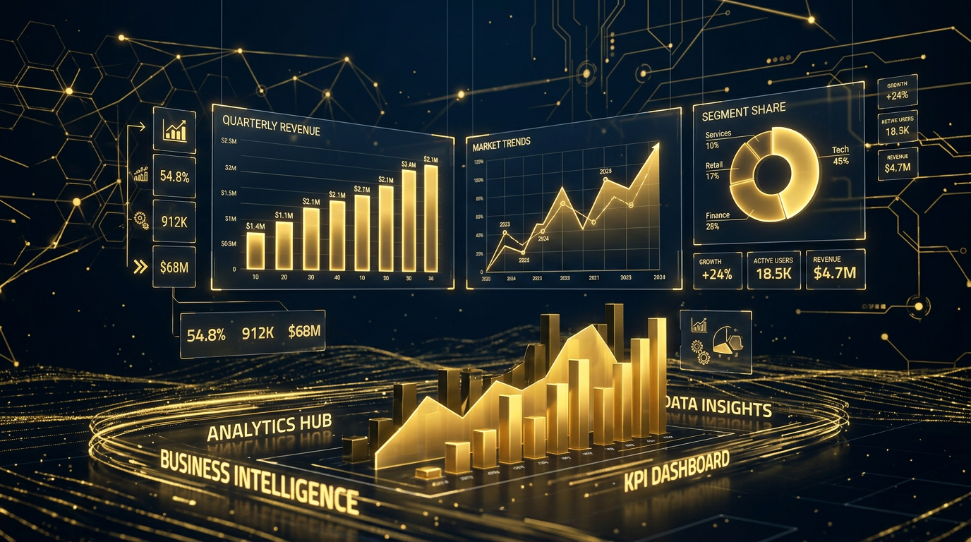 Abstract business analytics visualization with charts and data streams