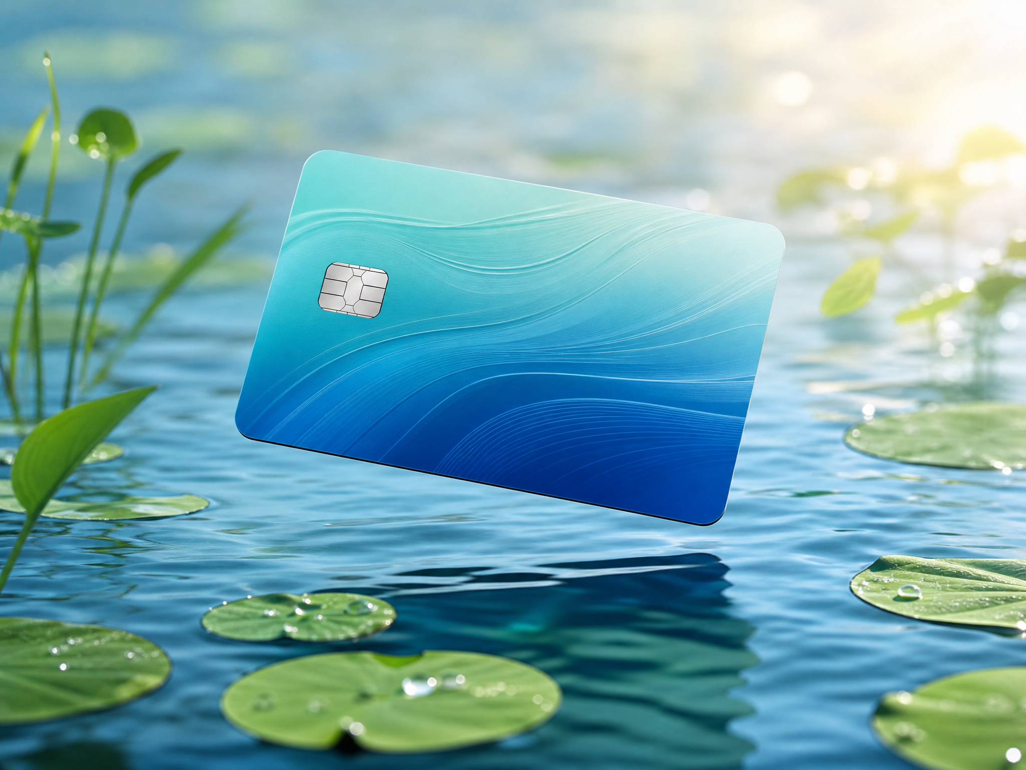 Nature-themed credit card floating above serene water with lily pads and soft greenery in morning light