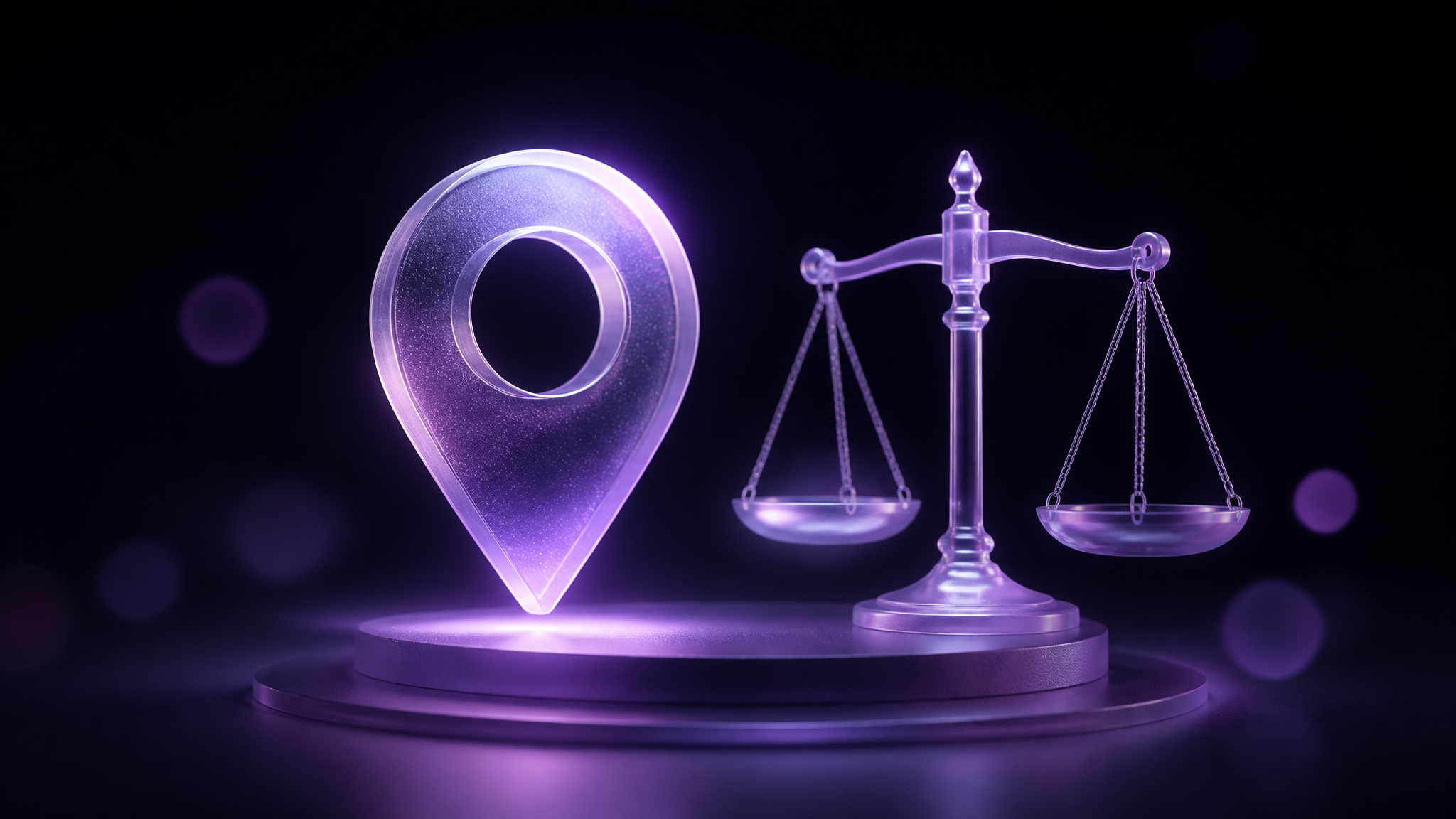 A glowing violet frosted-glass map pin beside a balance scale, floating in the dark