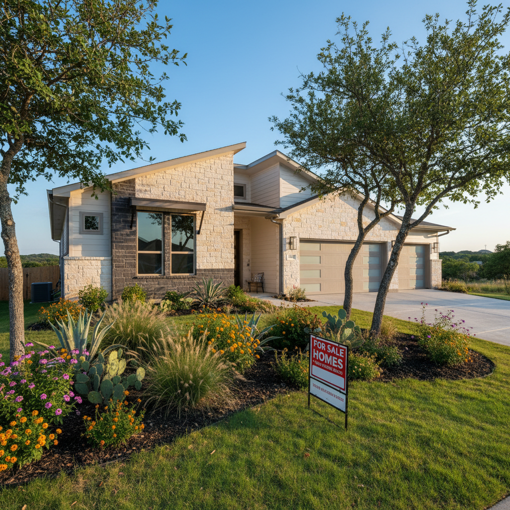 Modern Leander Texas home with For Sale sign