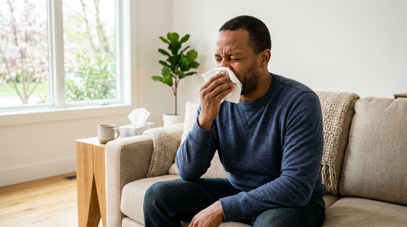 Black male veteran in his forties mid-sneeze into a tissue with watering eyes and visible nasal irritation in his home