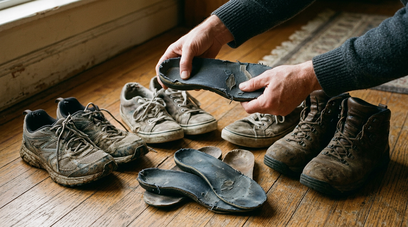Photograph of worn orthotic inserts and used running shoes and boots set aside, a person's hands holding one insole
