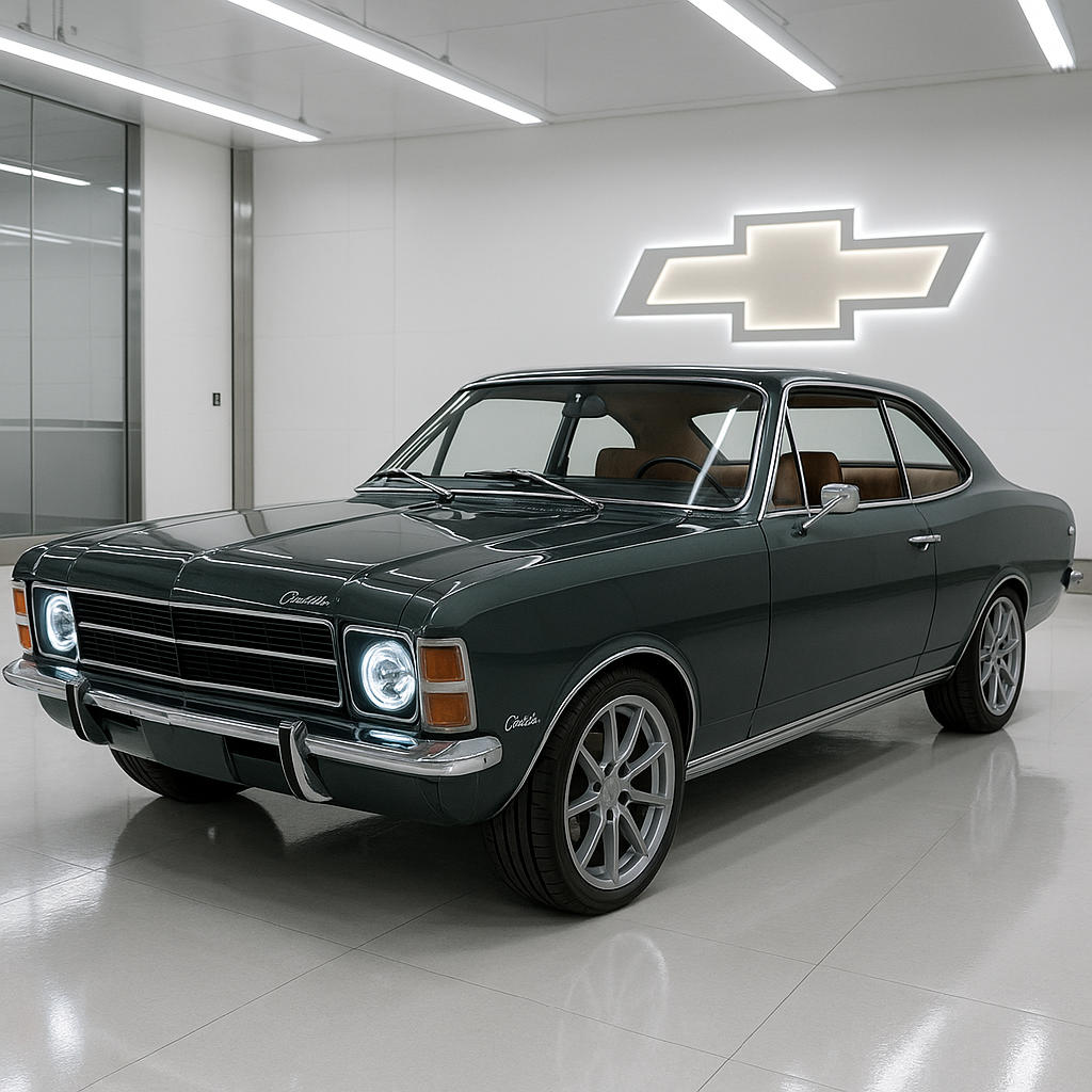 Clássico Chevrolet restaurado e modernizado, celebrando 100 anos da marca no Brasil.