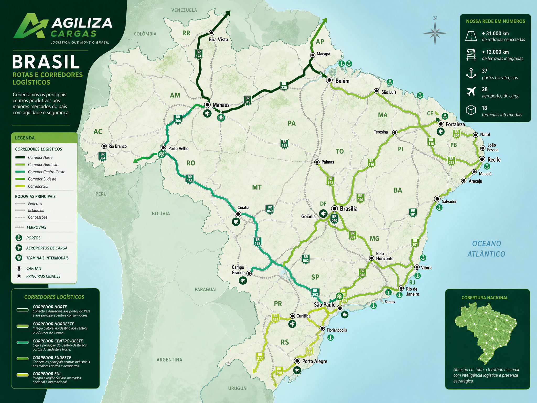 Mapa do Brasil com rotas de transporte da Agiliza Cargas
