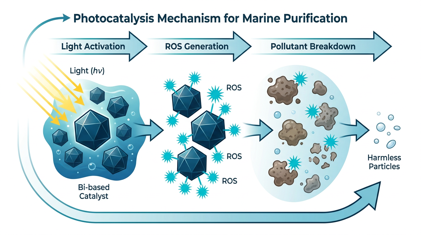 Diagramme scientifique du mécanisme de photocatalyse au bismuth montrant l'activation par la lumière, la génération de ROS et la dégradation des polluants