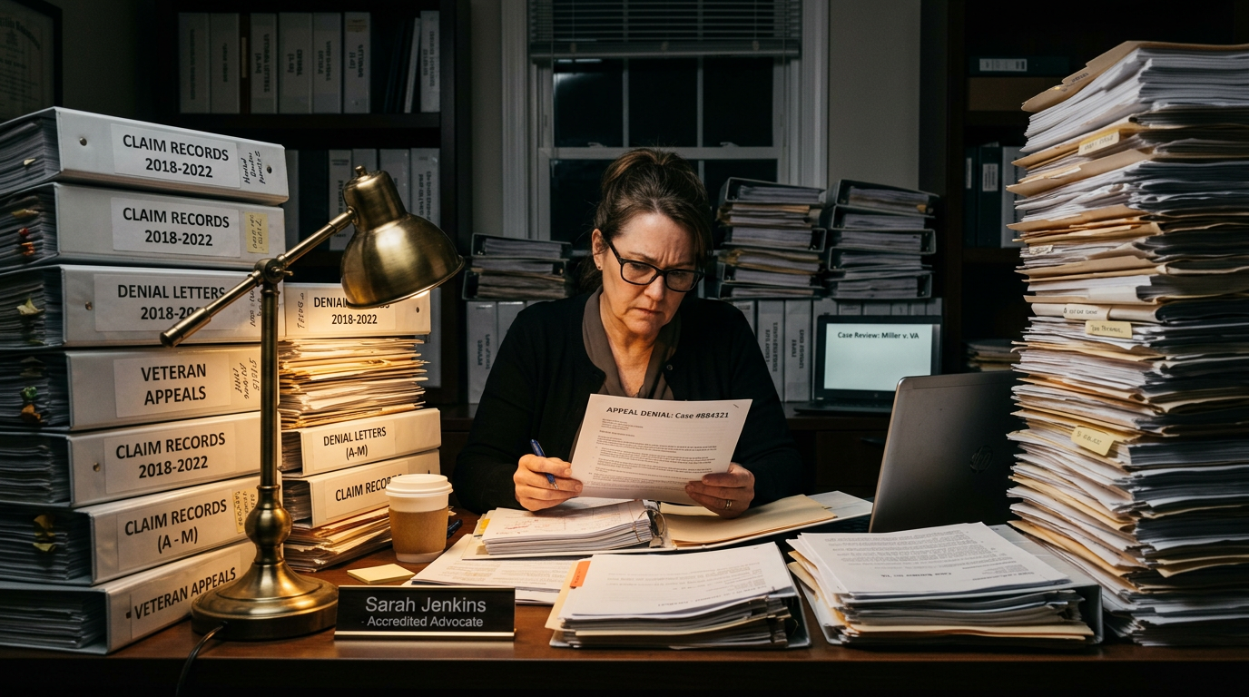 An advocate reviewing a veteran's decade-deep claims file
