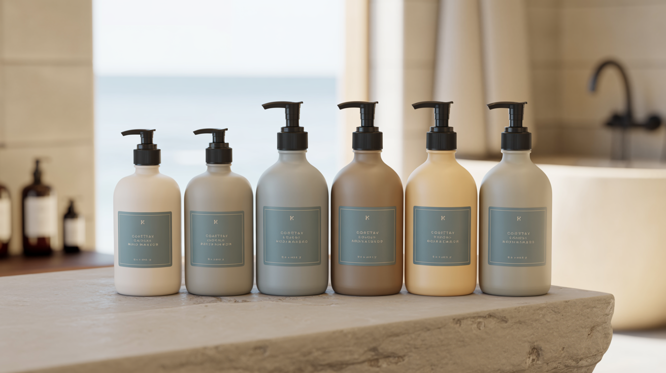 StayWorthy complete product lineup of six amenity bottles arranged on a natural stone surface