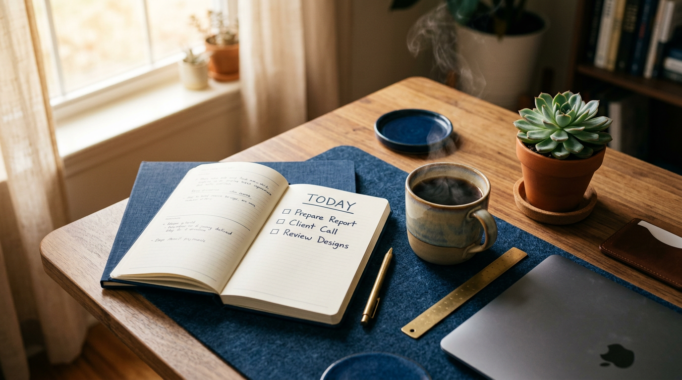 Mesa de trabalho organizada com planner, xícara de café e planta, ambiente produtivo