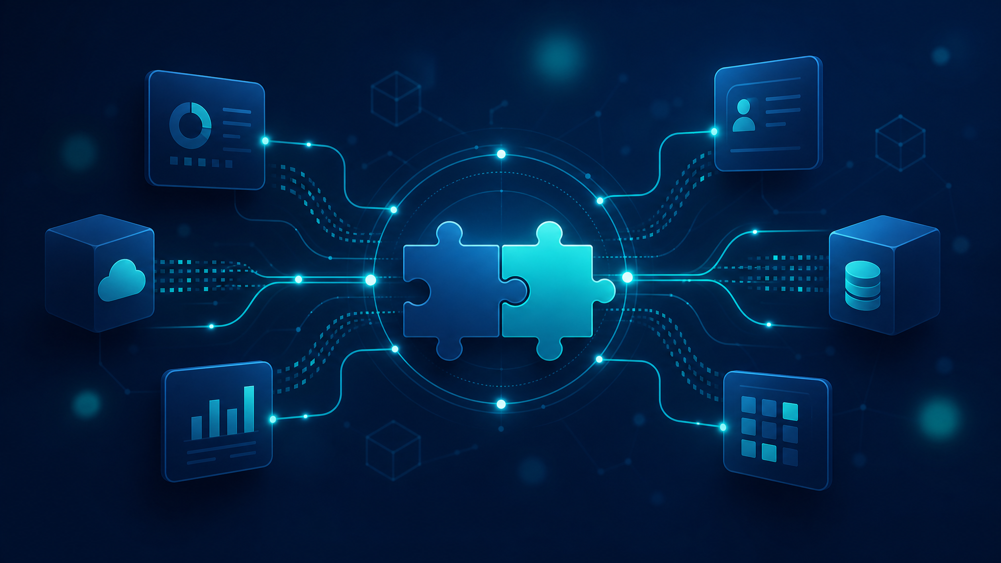 Illustration of separate business systems being connected through APIs