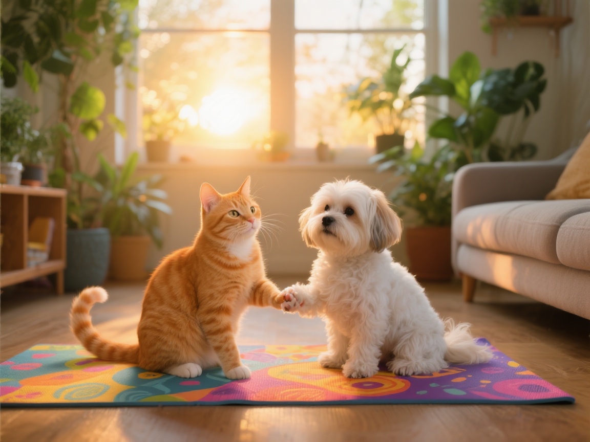 A playful cat and a small dog sitting together on a colorful yoga mat at sunrise, both looking calm and content, with soft morning light and indoor plants in the background.
