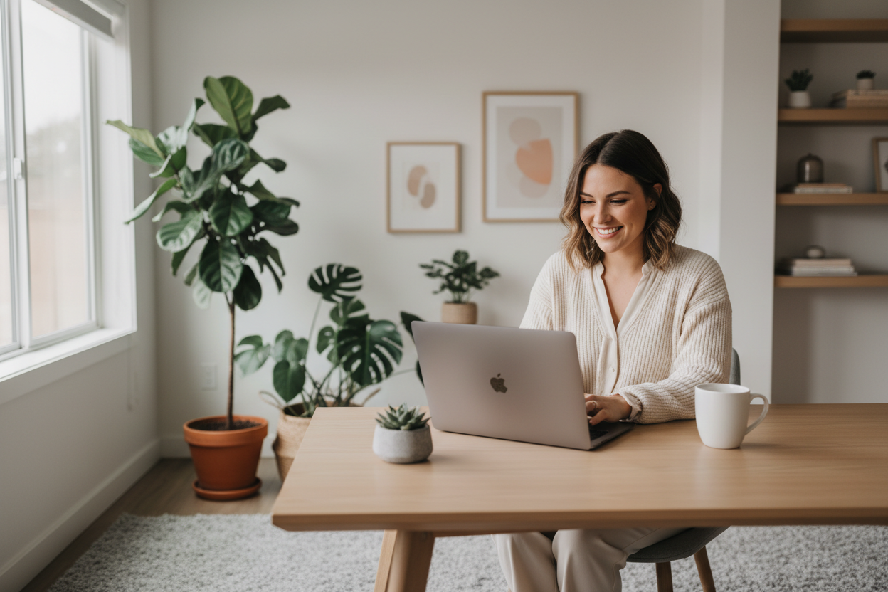Mujer trabajando con laptop en casa