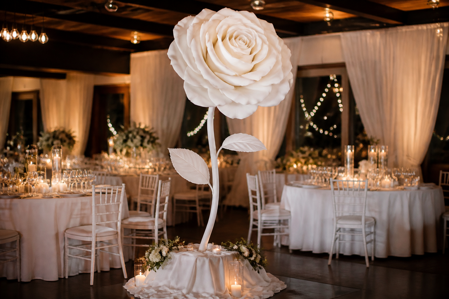 Freestanding giant foam flower kit with visible bendable pipe stem standing in a decorated event space