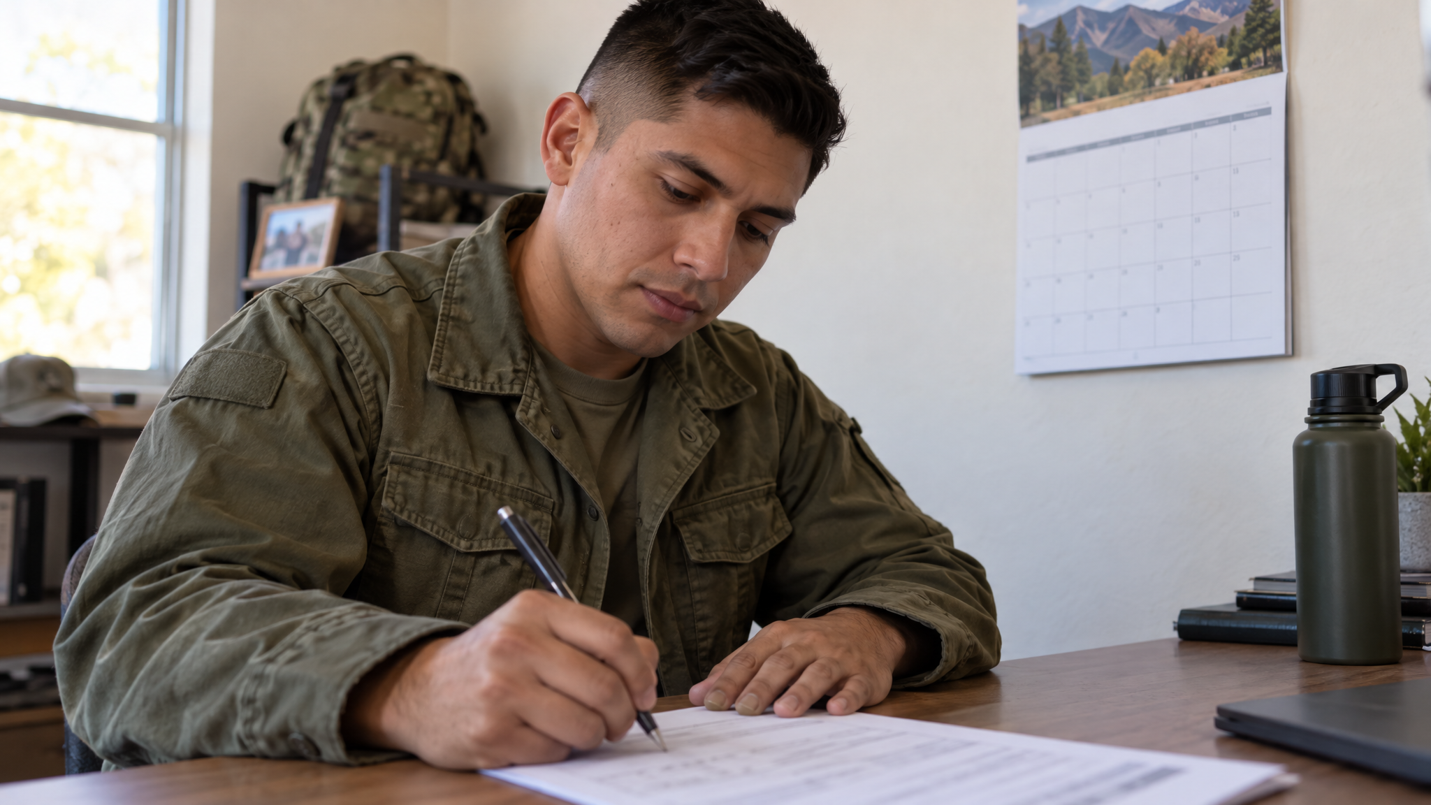 Apply on time: a recently separated veteran filling out his VGLI application next to a wall calendar