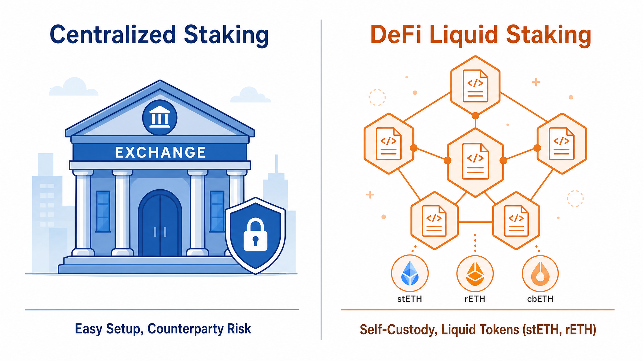 Best crypto staking platforms 2026 - DeFi liquid staking vs centralized staking comparison diagram