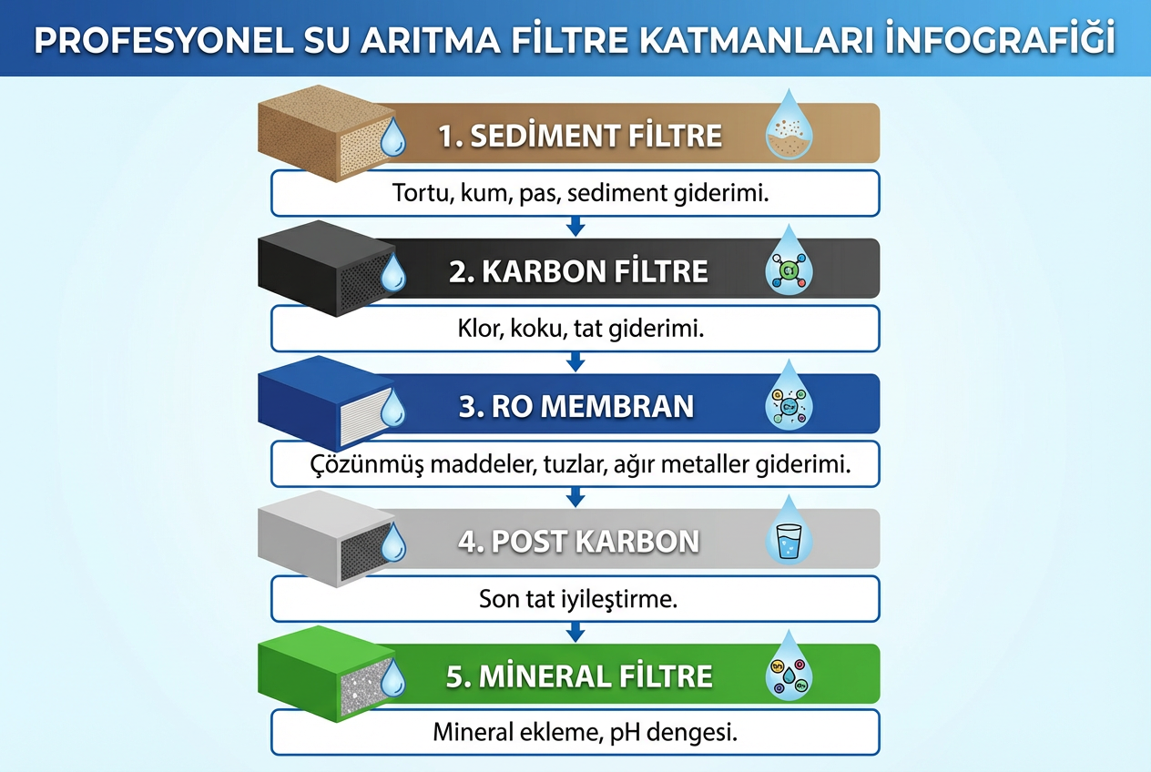 5 aşamalı ters ozmoz su arıtma sistemi filtre katmanları: sediment filtre, GAC karbon, CTO karbon, RO membran ve mineral filtre aşamalarını sırasıyla gösteren infografik