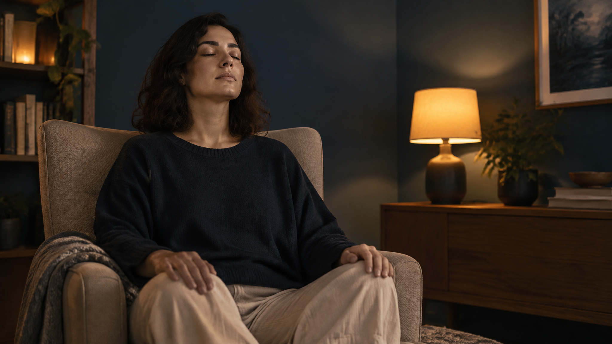 Pessoa respirando profundamente com olhos fechados, técnica de preparação mental para o foco