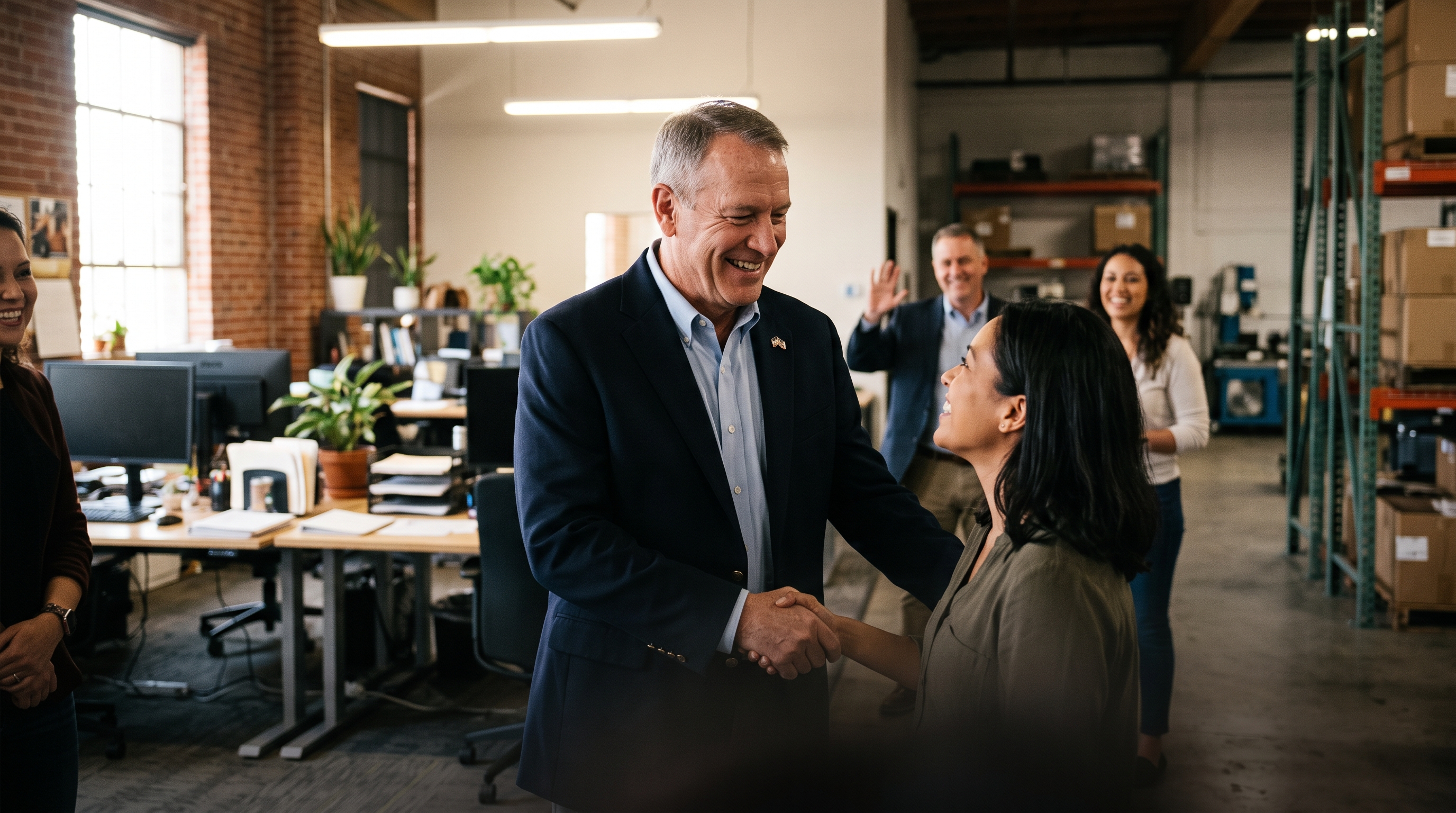 A veteran returning to his former workplace, welcomed back by colleagues