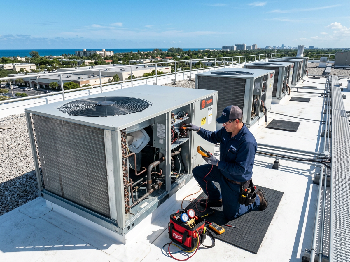 HVAC technician servicing large commercial rooftop AC units on a South Florida commercial building