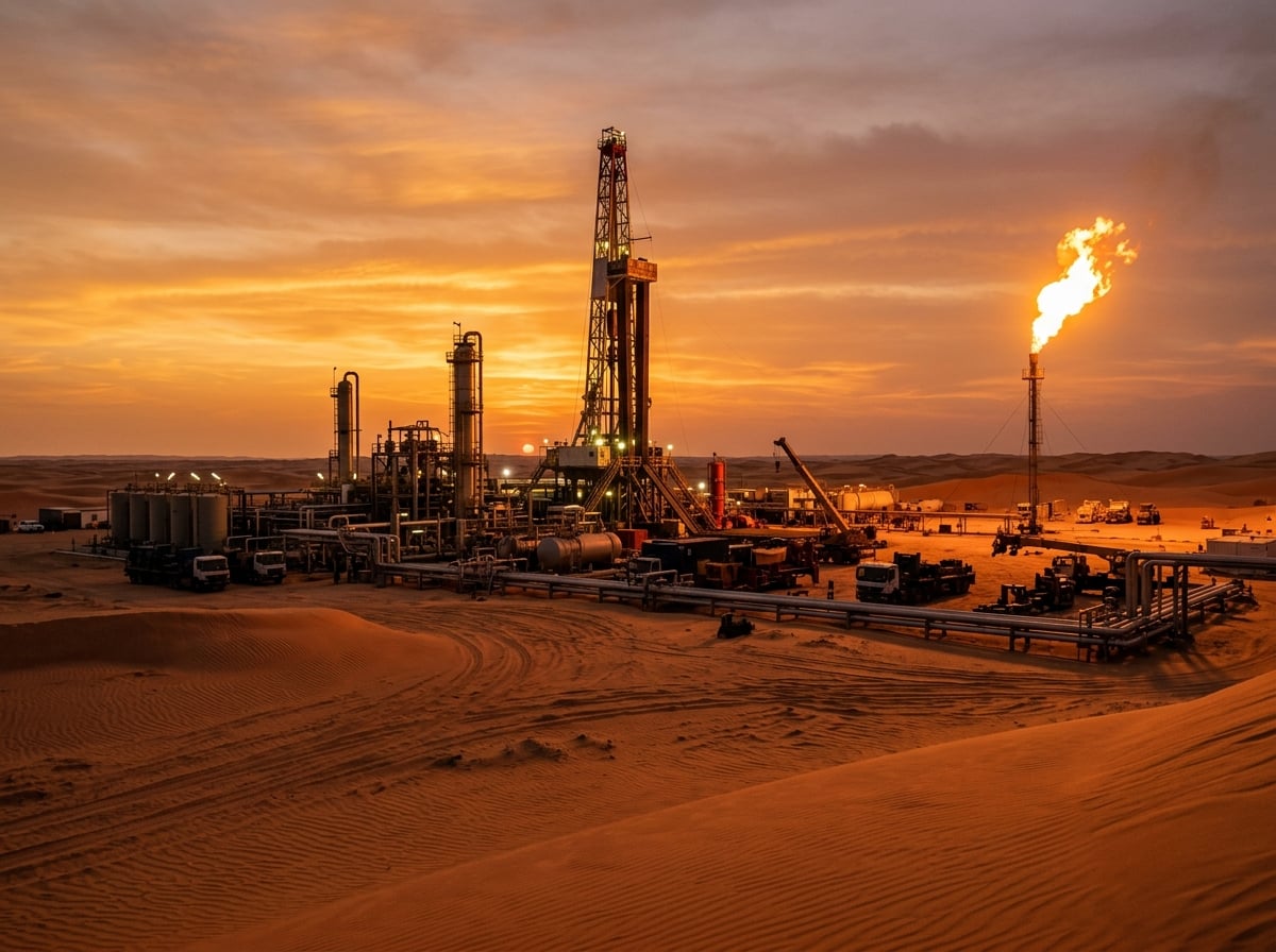 Oil and gas extraction facility in the Sahara desert with gas flare at golden hour