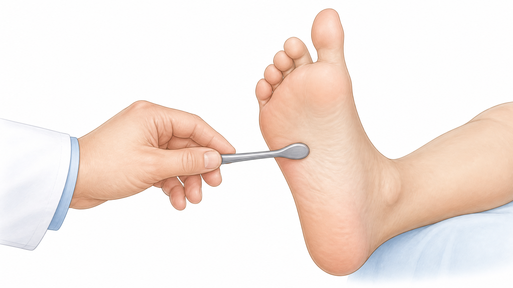 Illustration of a clinician stroking the sole of a patient's foot with a blunt instrument, the big toe extending upward to depict a positive Babinski sign