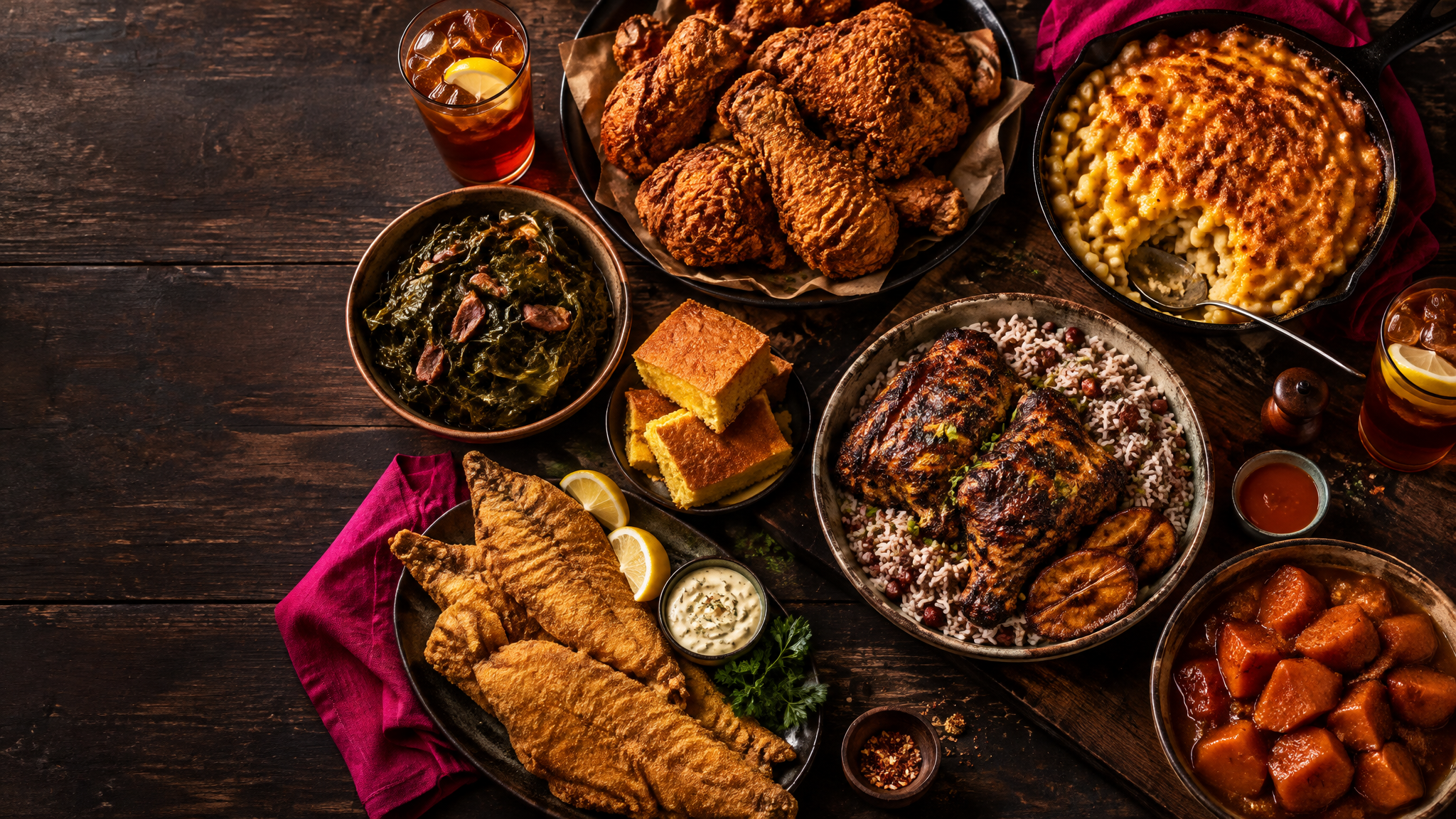 Tight crop of a komfort food spread on a dark table (representative photo)