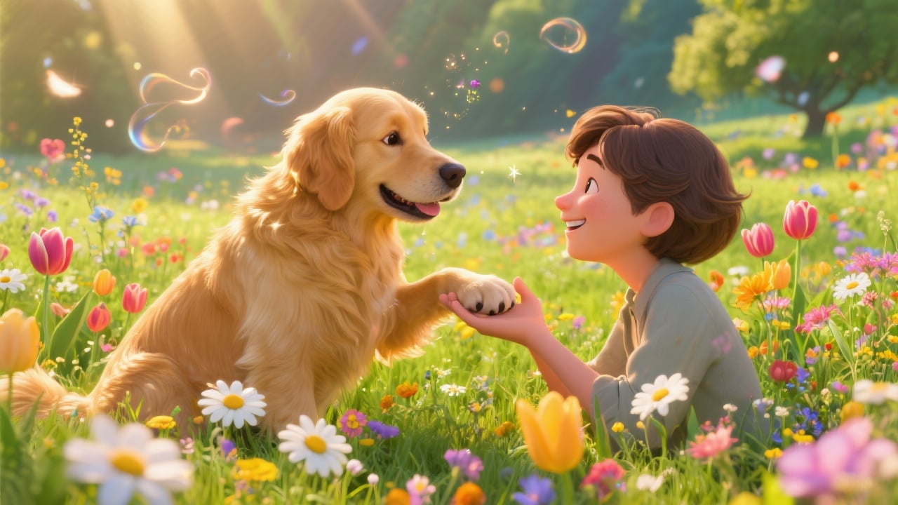 A vibrant, realistic, and heartwarming scene of a golden retriever gently placing its paw on a smiling human's hand, both surrounded by soft sunlight and colorful flowers, with a dreamy, animated feel. The background is lively and inviting, evoking a sense of joy, connection, and mutual choice between pet and human.