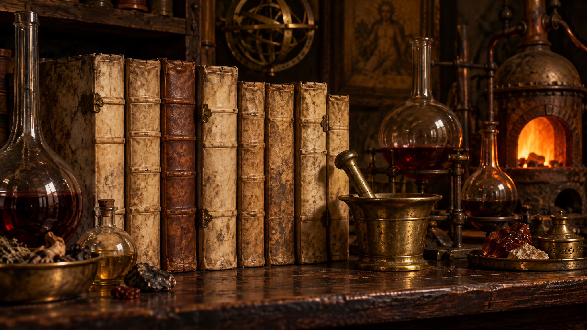 Vellum folios, glass flasks and a small furnace in a dim workshop