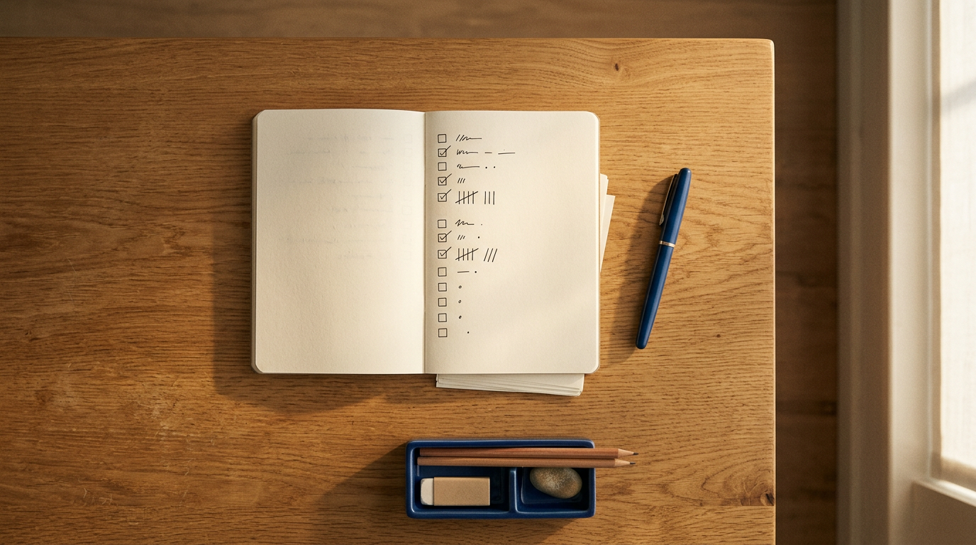 Mesa minimalista com bloco de notas mostrando método simples de rastreamento de tarefas