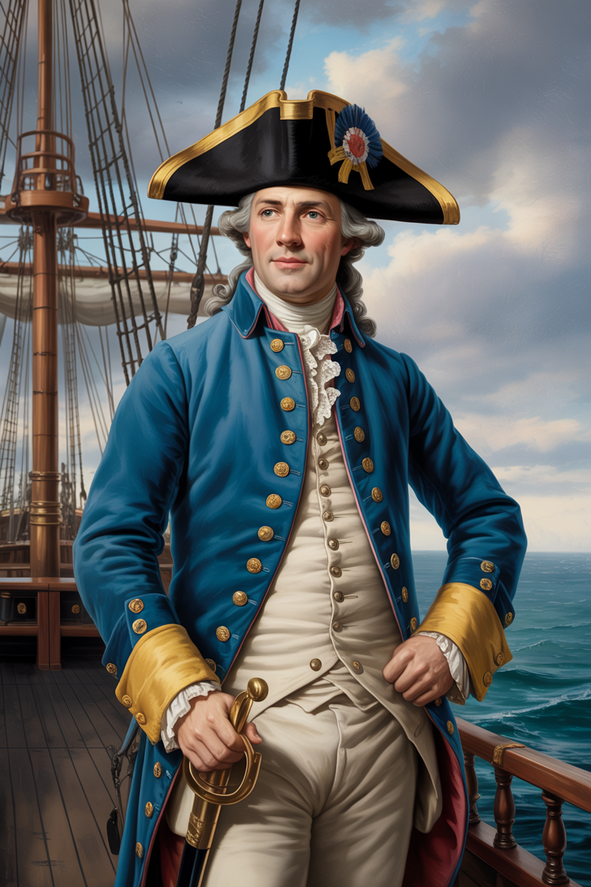 Portrait of a Continental Navy captain on the deck of a warship during the American Revolution