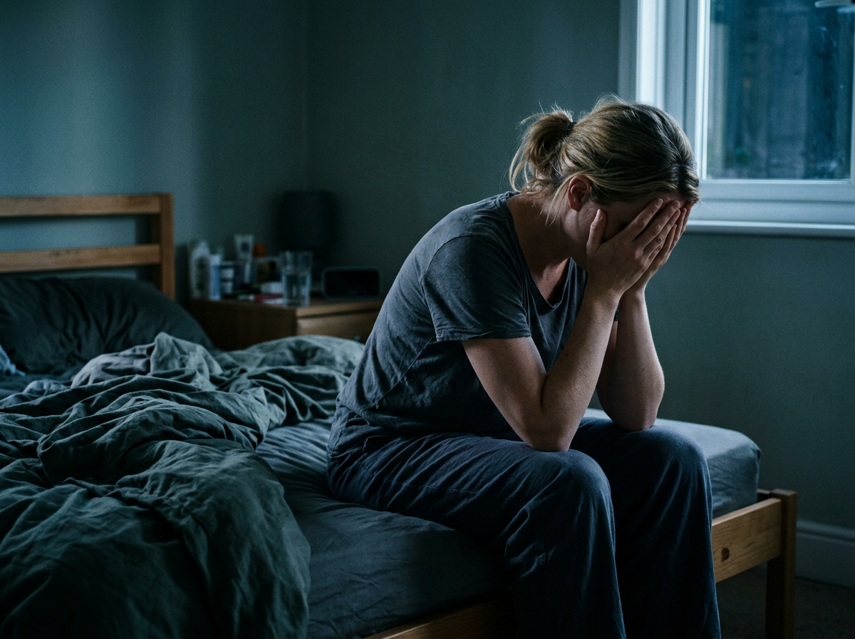 A woman sitting upright in bed at night looking distressed and unable to sleep in a dimly lit bedroom