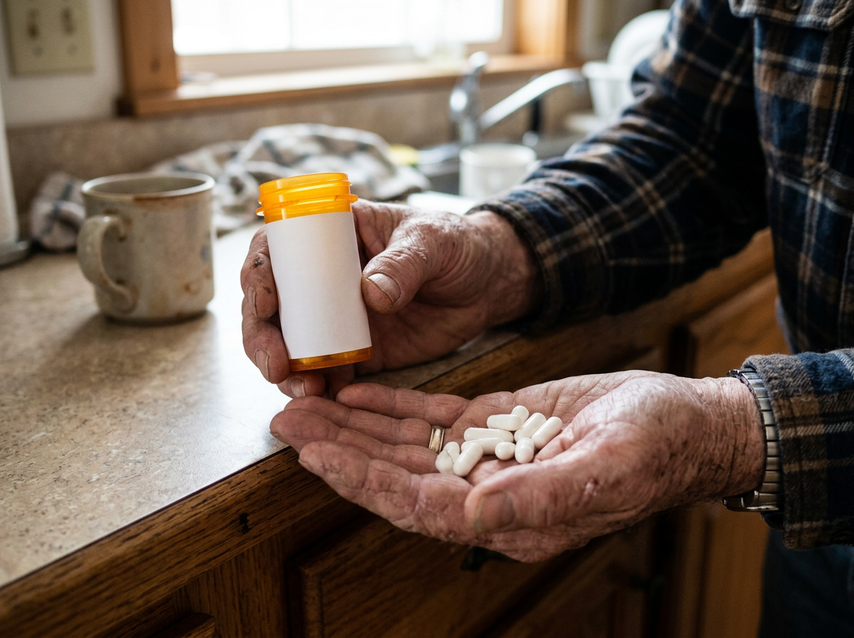 Close-up of hands holding a blank unlabeled prescription pill bottle and antibiotic capsules on a kitchen counter