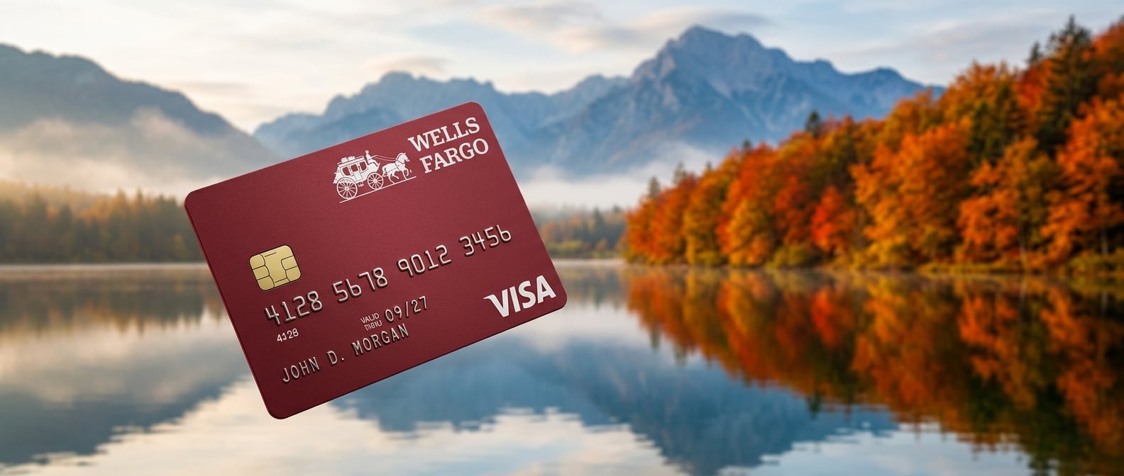 Wells Fargo Reflect Card over an autumn mountain lake