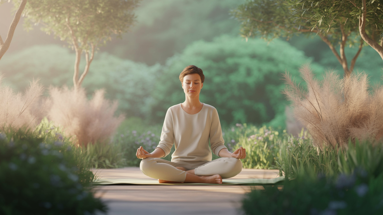 Persona meditando en naturaleza serena - bienestar emocional