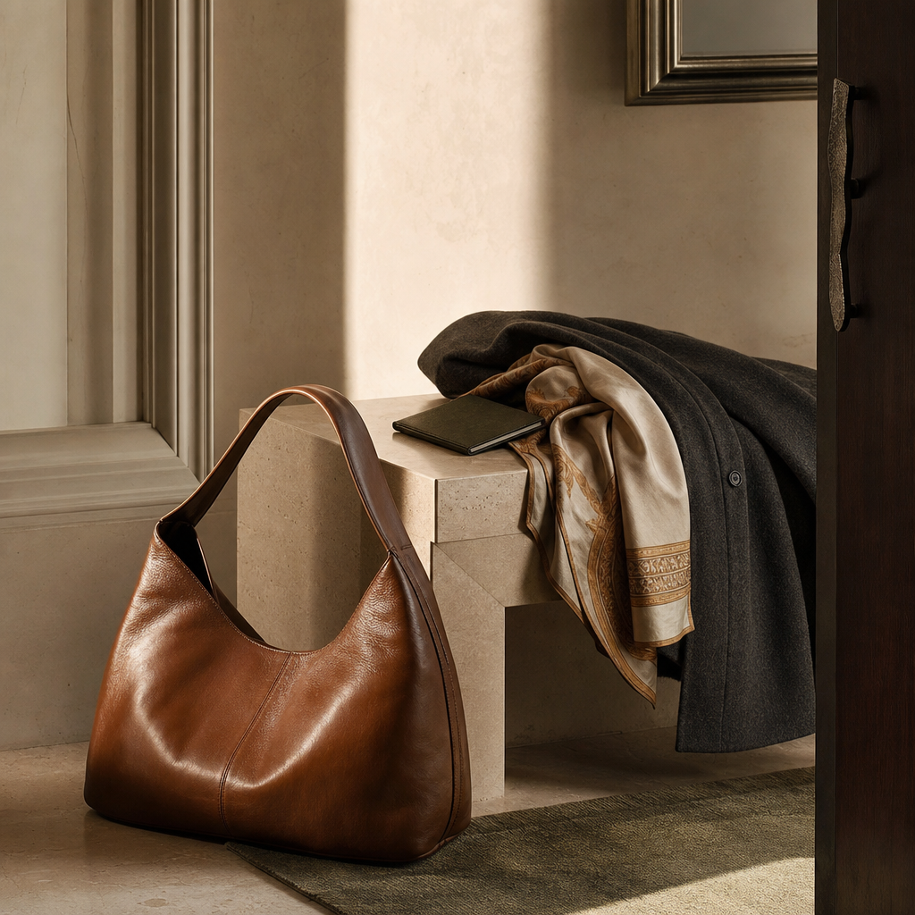 An elegant departure scene — an oversized leather hobo bag beside a console with a draped silk scarf and tailored coat, evoking sophisticated, intentional travel