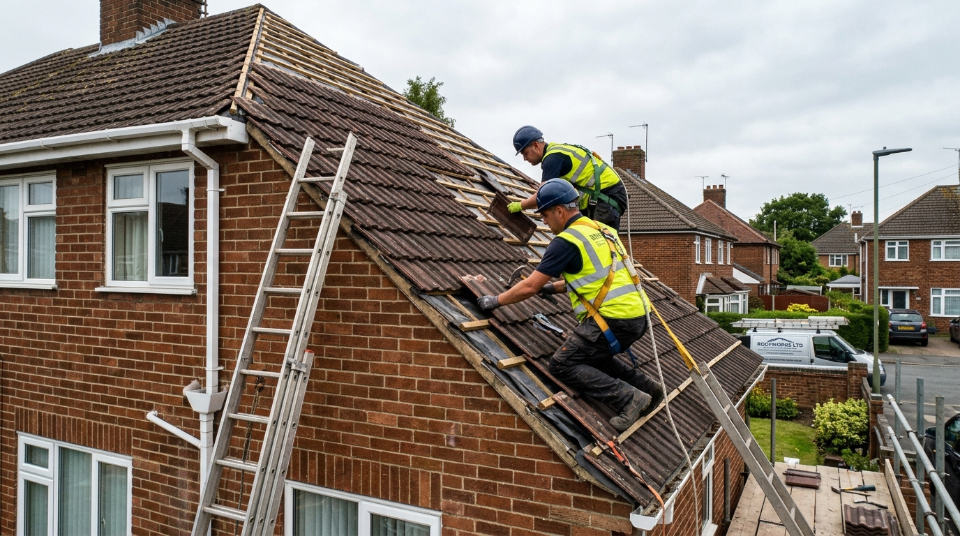 Professional roofers working on a UK house roof