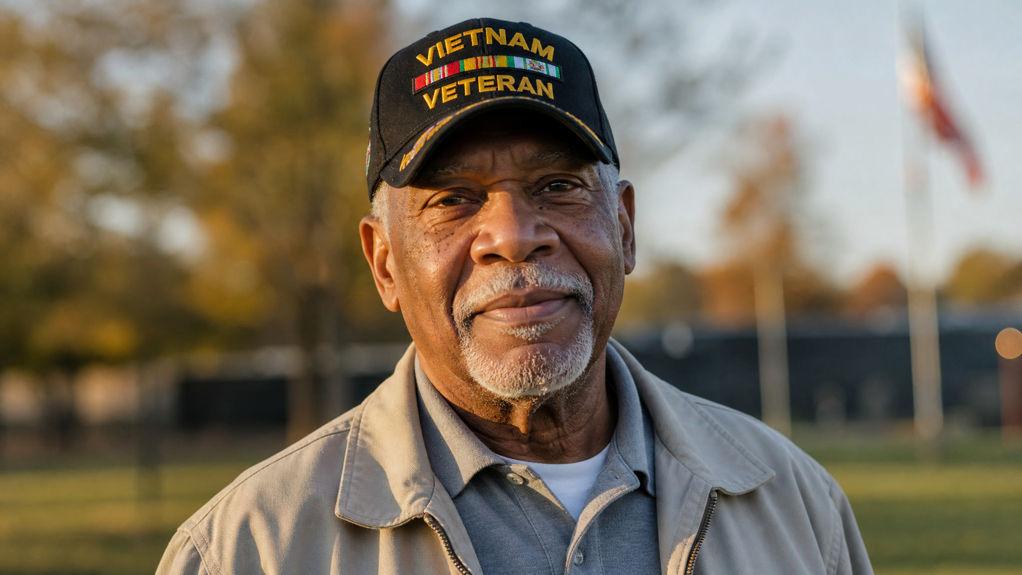An African American Vietnam War veteran in his 70s wearing a Vietnam Veteran ball cap, standing outdoors with quiet pride