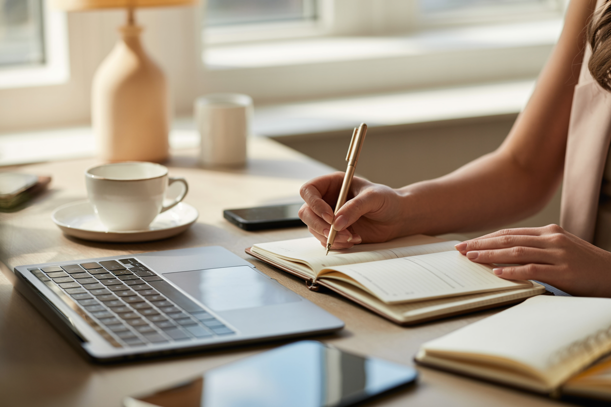 Woman writing in a premium planner at an organized bright workspace