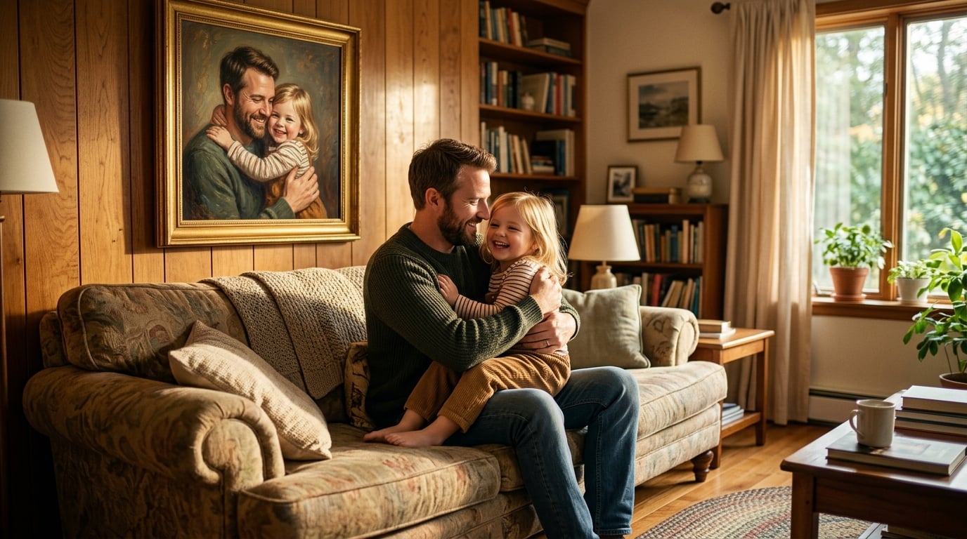 Father and child sitting together in a cozy living room with a beautifully framed oil portrait of them hanging on the wall behind