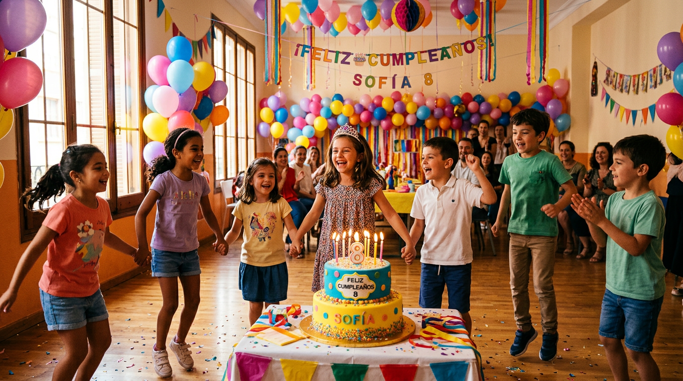 Cumpleaños infantil con decoración colorida y niños bailando