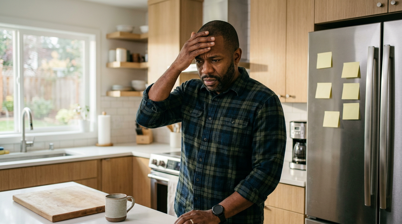 A Black male veteran in his forties standing in his kitchen looking confused, holding a note, representing memory lapses and the need for written reminders after a traumatic brain injury