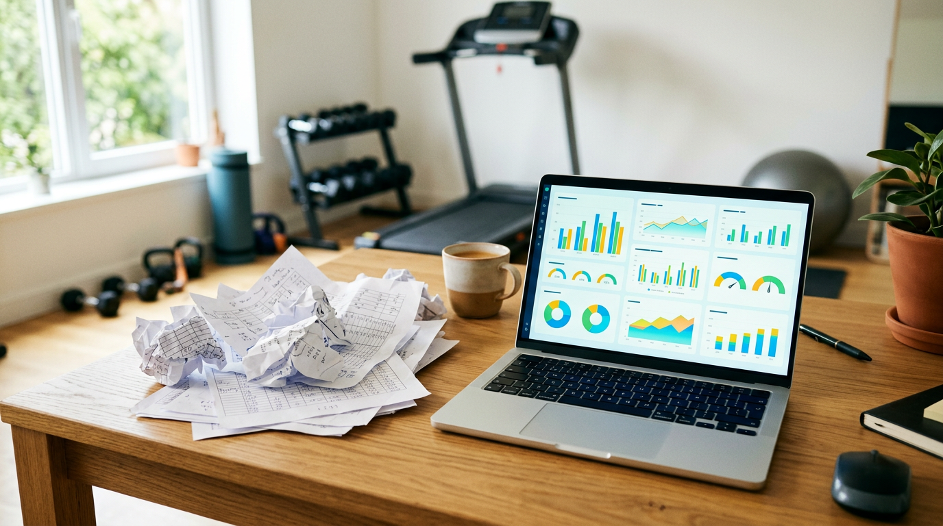 Laptop analytics dashboard replacing paper spreadsheets