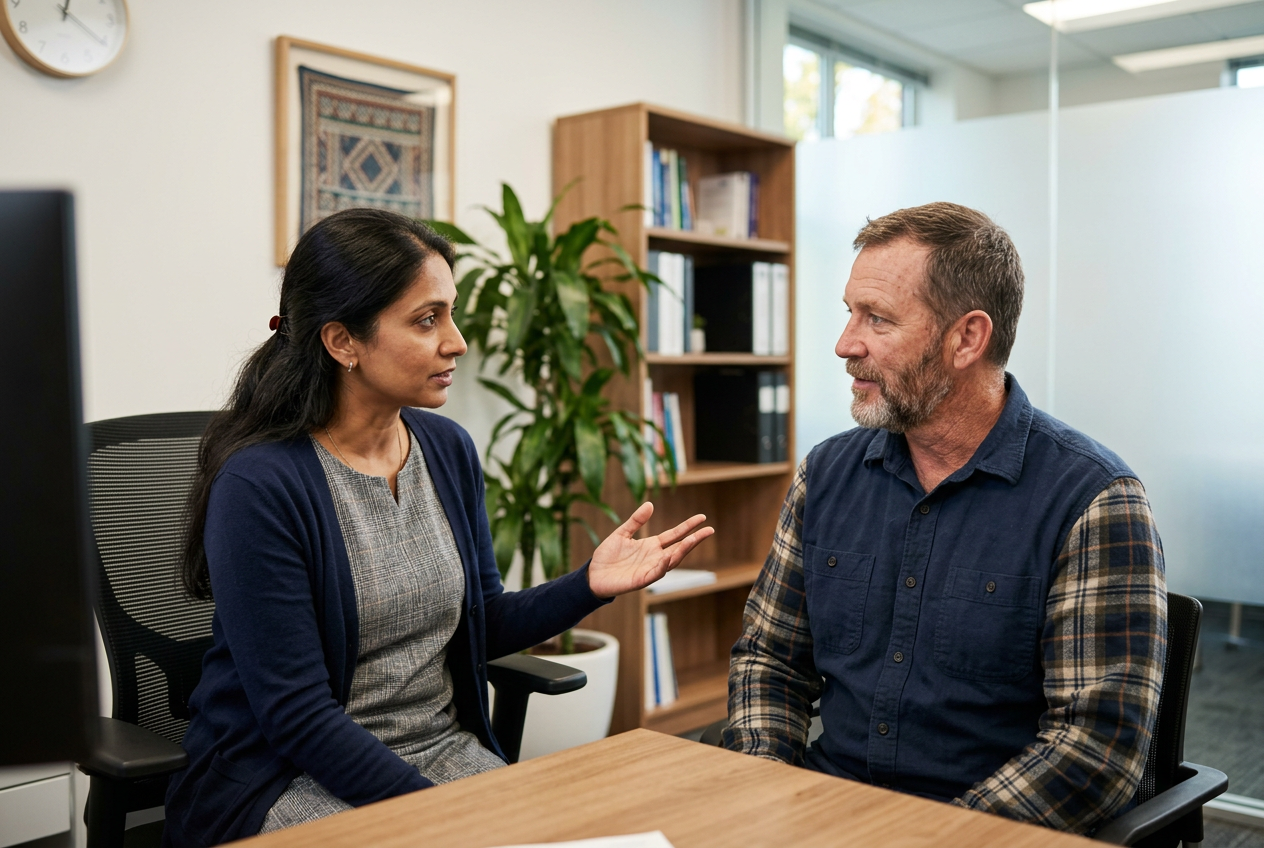 A woman clinician facing a male veteran across a desk, gesturing gently as she guides a structured interview