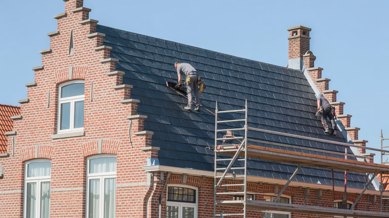 Professional roofing crew working on a traditional Belgian brick house