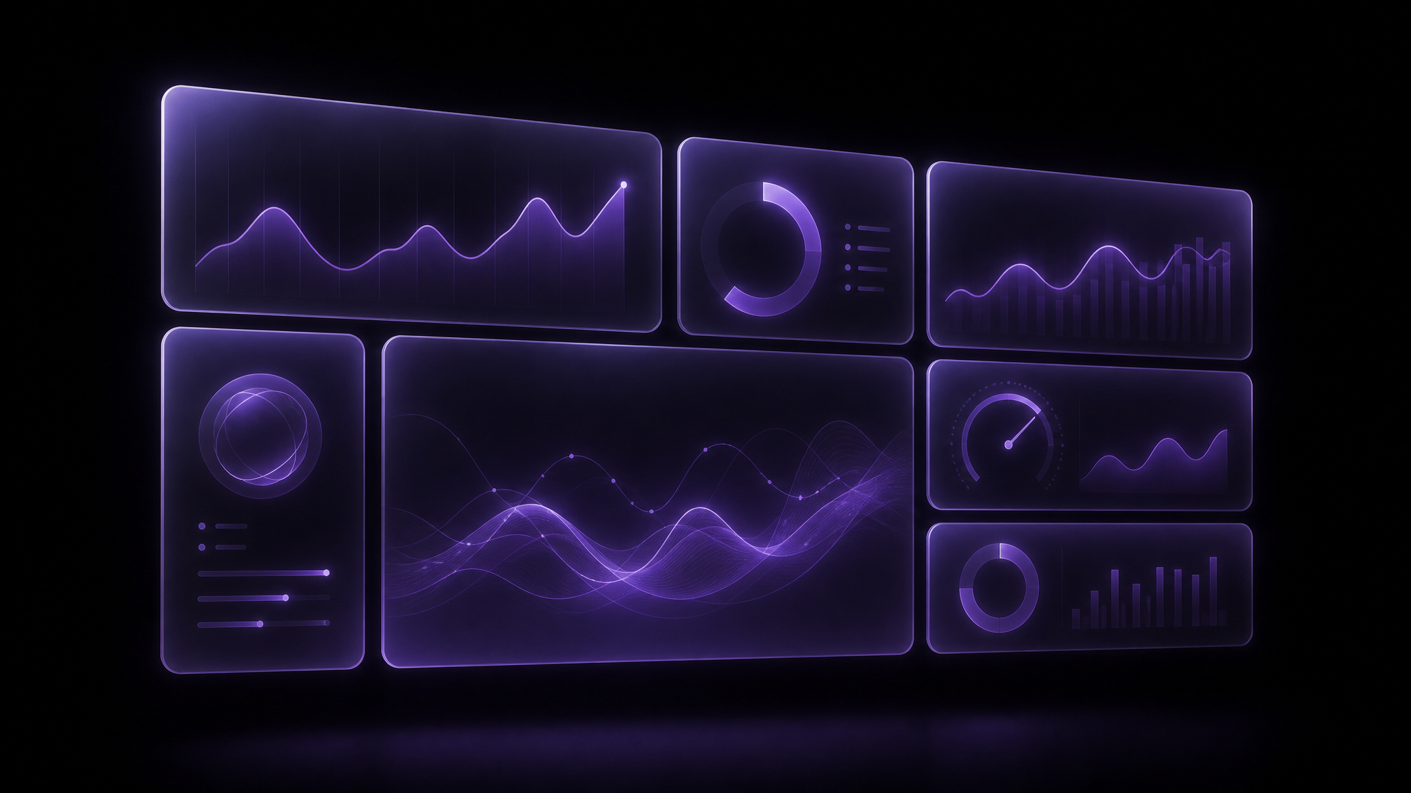 Frosted violet glass tiles forming a translucent dashboard panel with faint glowing chart lines and gauge shapes floating in the dark, representing an SEO tool stack