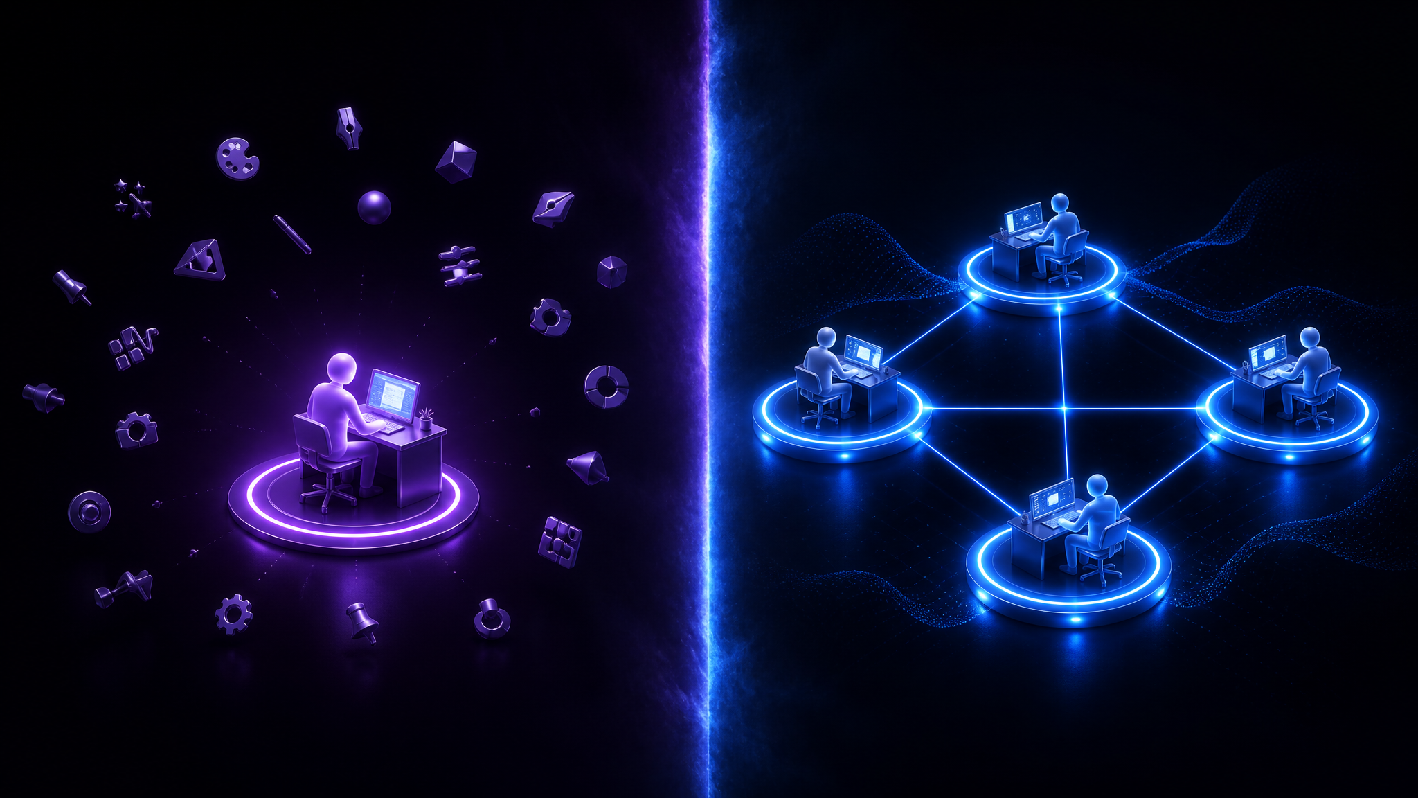 Split illustration comparing a solo operator surrounded by software tool icons against a connected agency team of glowing nodes