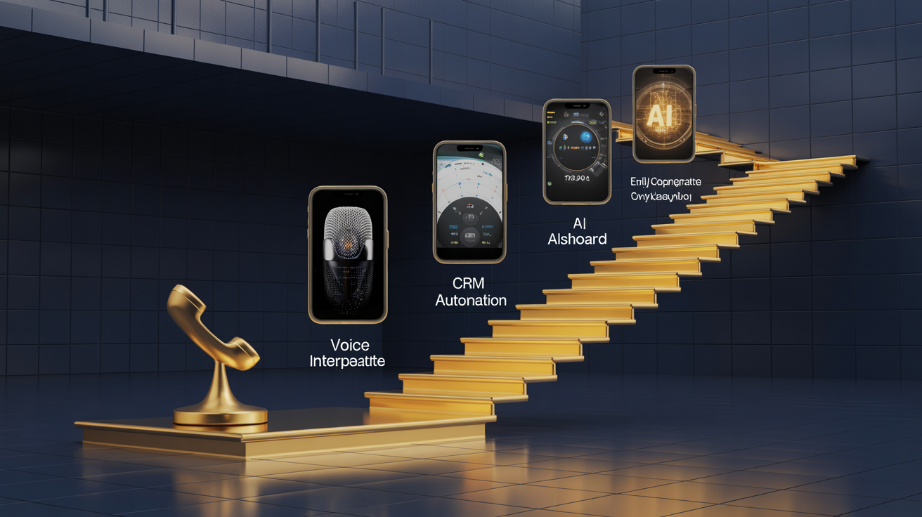 Cinematisches Editorial-Visual einer goldenen Evolutionstreppe in einem dunklen Unternehmensumfeld, die vom einfachen Telefon und Mikrofon unten bis zum voll vernetzten Enterprise AI Operating System oben führt – jede Stufe repräsentiert eine Technologieschicht
