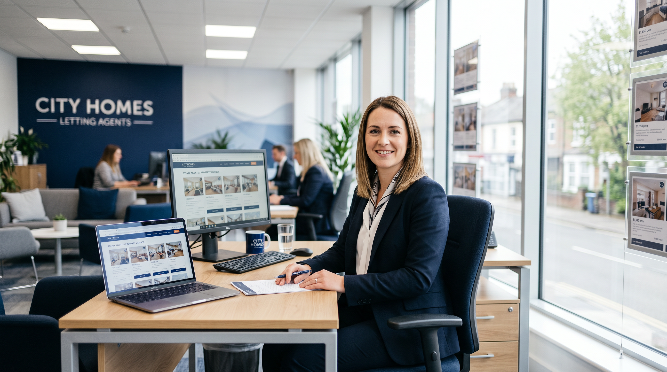 Letting agent working in a bright UK estate agency office with property listings