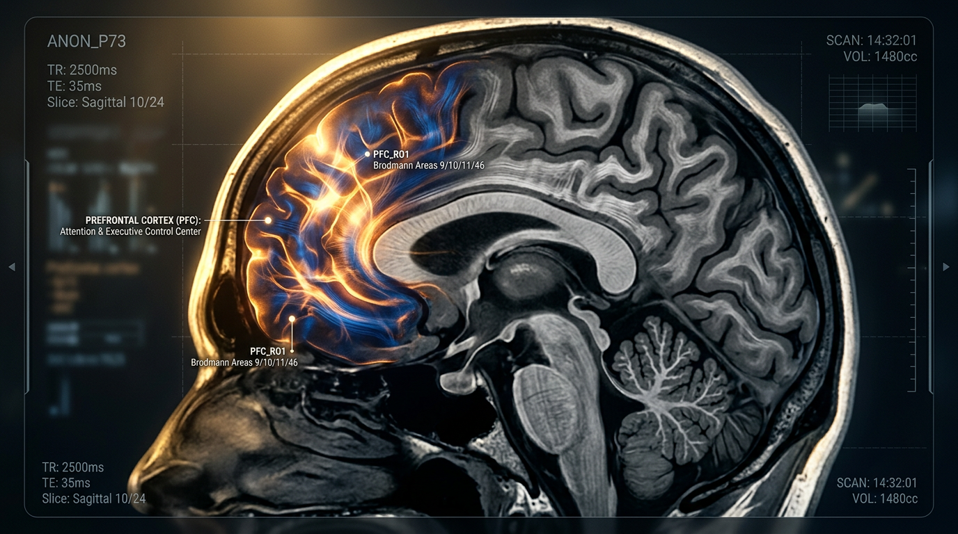Escaneamento cerebral com córtex pré-frontal destacado em âmbar e azul — o centro de comando da atenção
