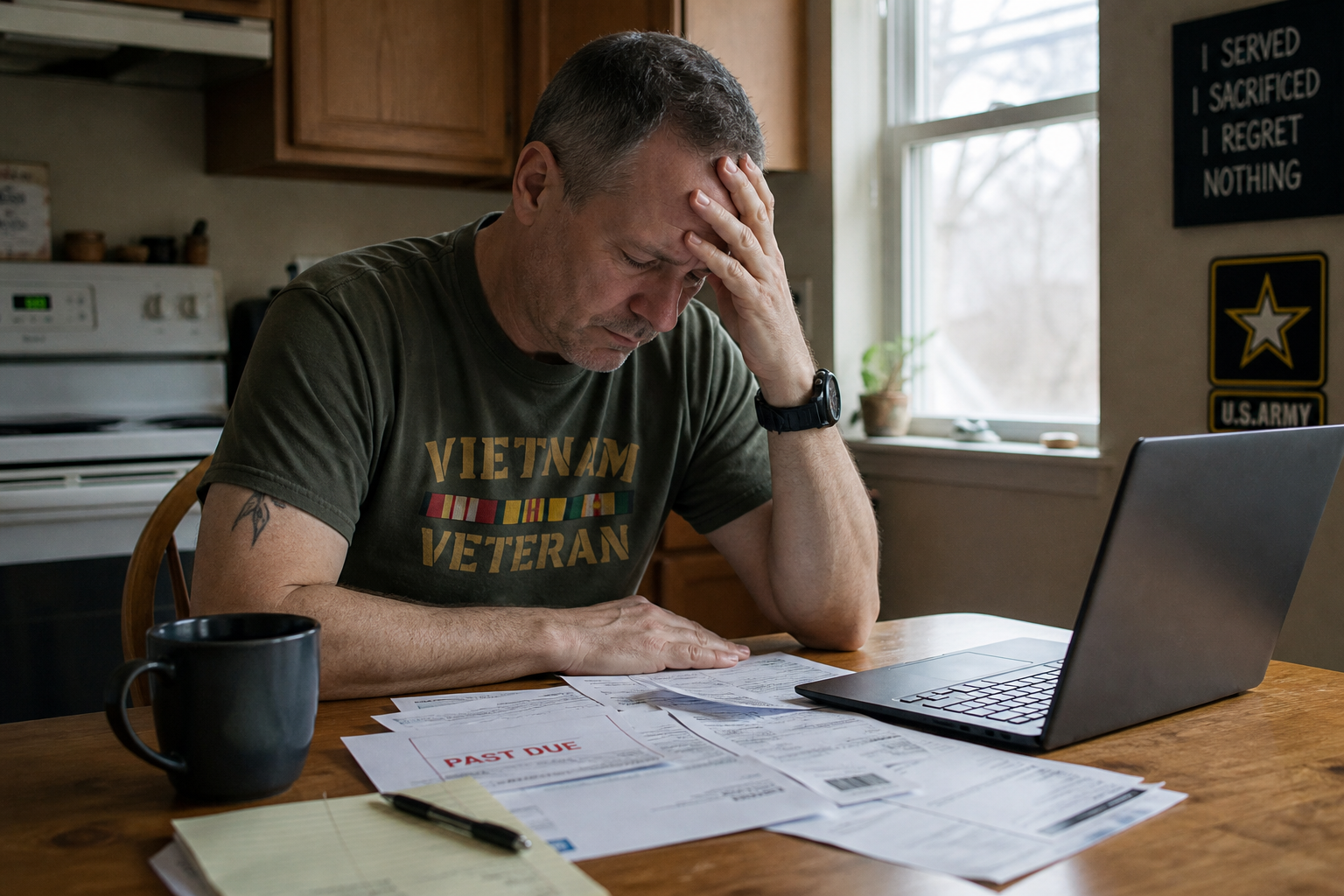 Veteran unable to work reviewing unpaid bills at the kitchen table