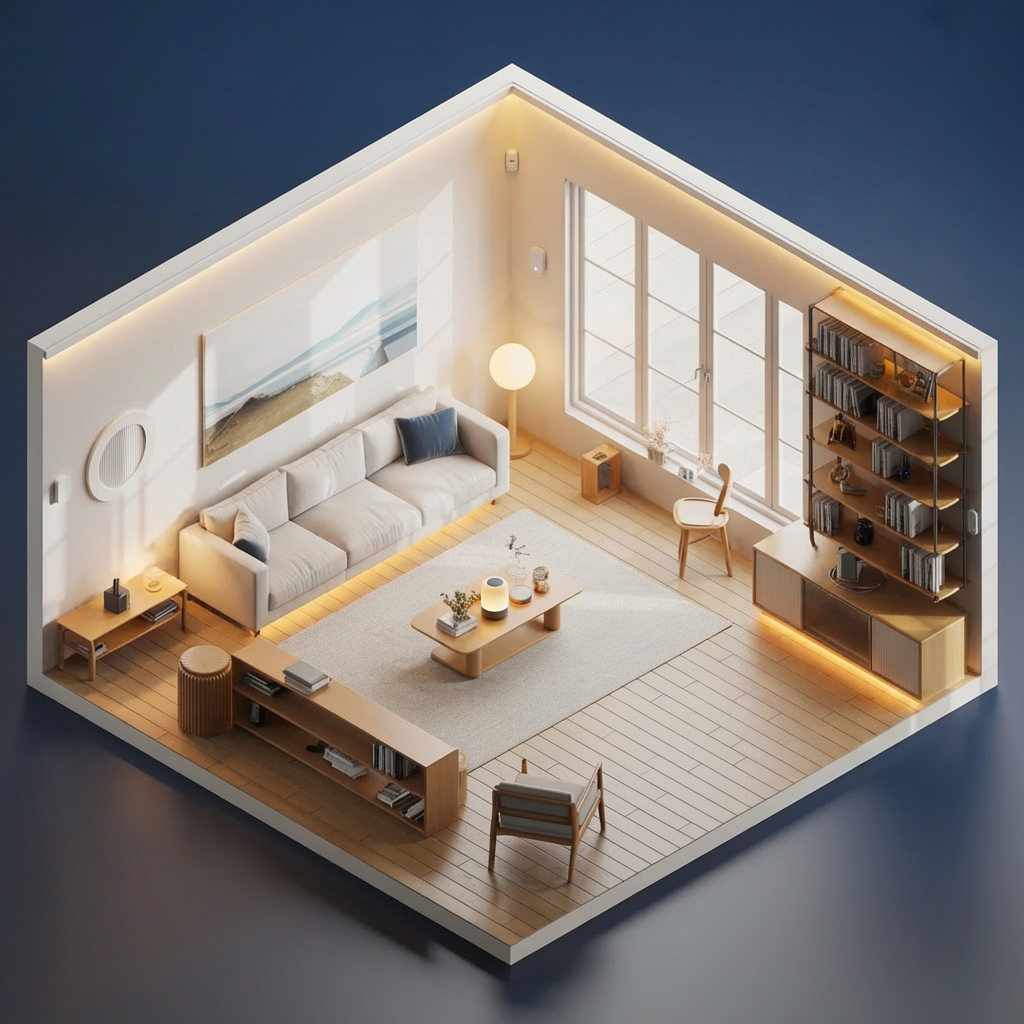 Izometryczny pokój z inteligentnymi lampami i czujnikami — etap integracji